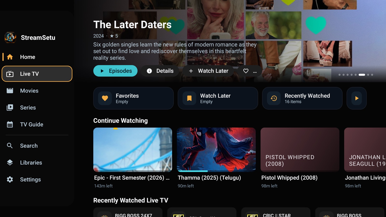 StreamSetu Fire TV Home with remote navigation