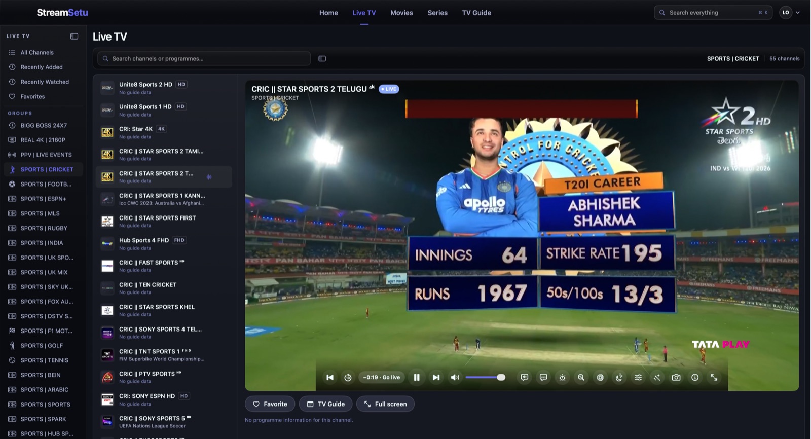 Actual StreamSetu Mac live channel browser and player