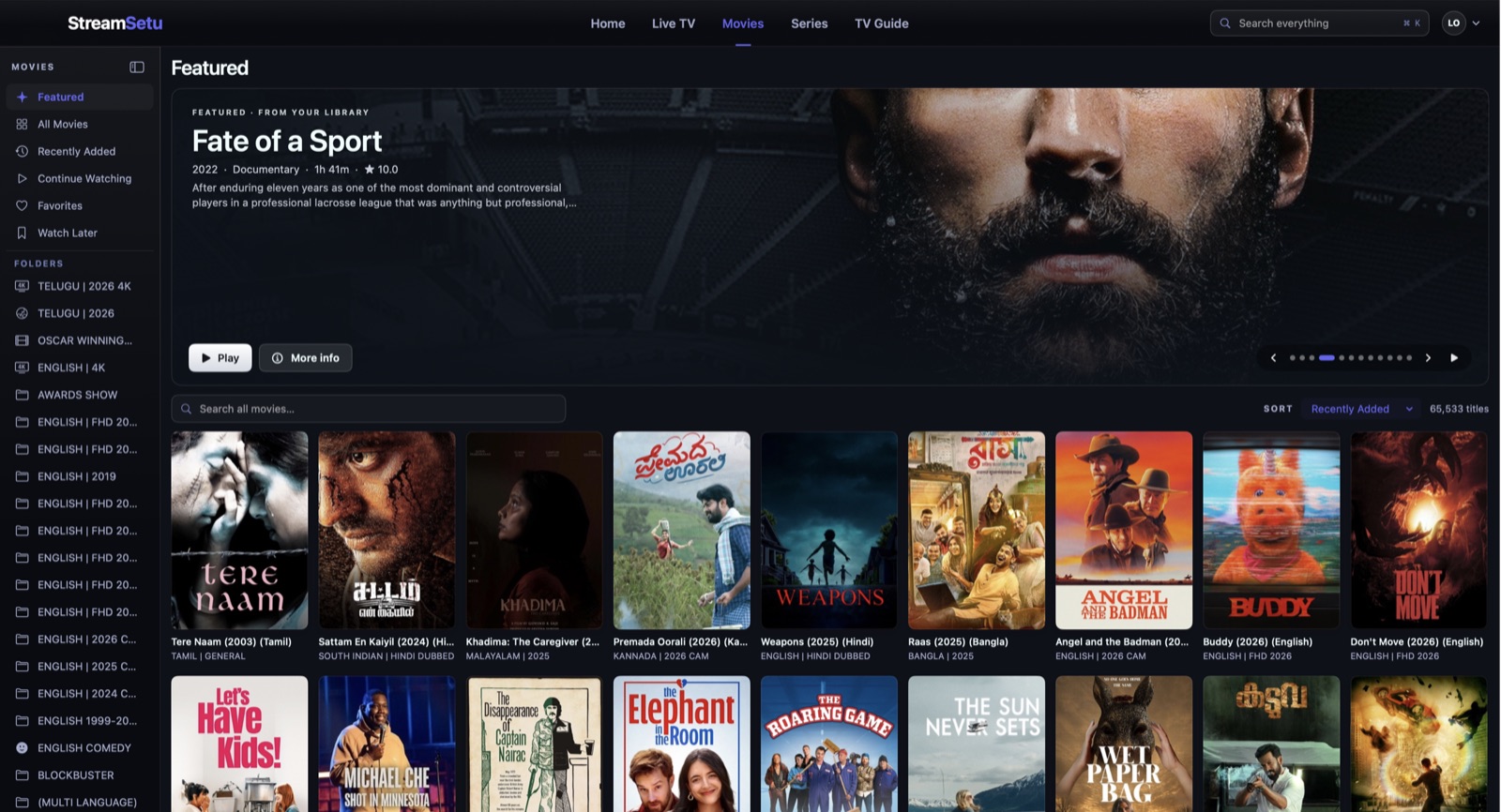 Actual StreamSetu Mac movie library with posters and source folders