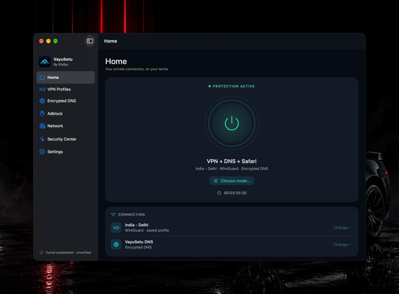 VayuSetu Mac Home with VPN and DNS protection active